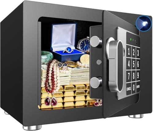MSYCOST Small Home Safe, 6.7”D x 9”W x 6.7”H, Electronic Keypad Lock Security Box for Cash, Jewelry, Passport, Hidden Safe for Closet, College Dorm Room, Black
