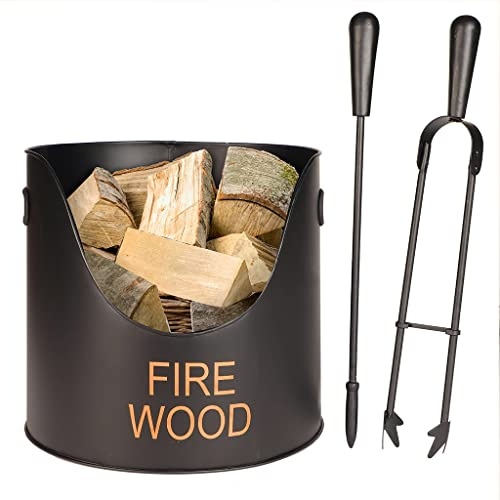 Fireside Kindling Log Bucket with Tools Modern Metal Recycled Iron Firewood Log Basket with Tongs and Poker