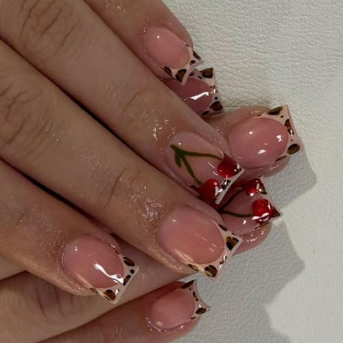 24 Pcs Glossy Press On Nails French Tips False Fruit Full Covers Stick On Leopards Print Acrylic
