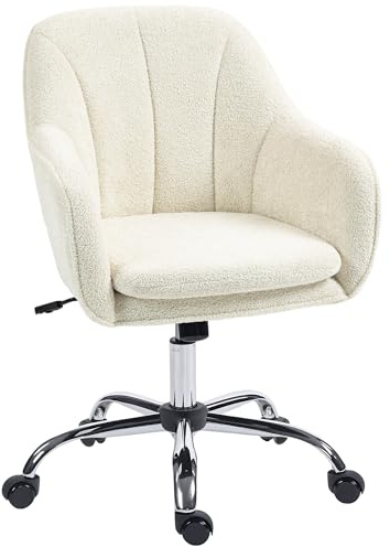 HOMCOM Snow Flannel Office Chair, Modern Makeup Vanity Chair with Tub Back, Swivel Rolling Computer Armchair for Bedroom, Living Room, Beige
