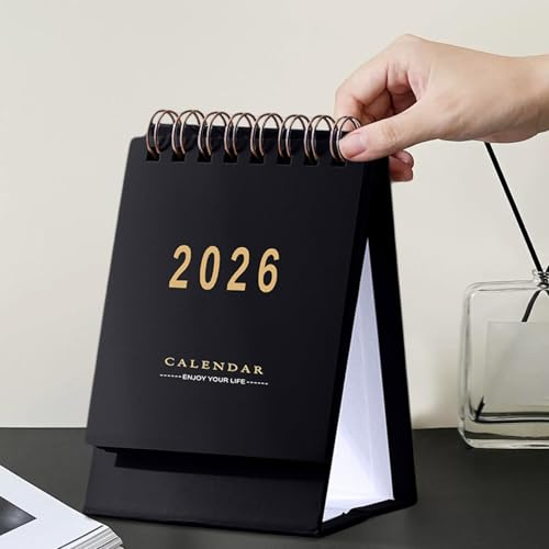 Mini-Tischkalender 2026, Zum Aufklappen, Monatlicher Tischkalender, Dickes Papier, Doppeldrahtbindung, FüR Zu Hause Oder Unterwegs (Schwarz)