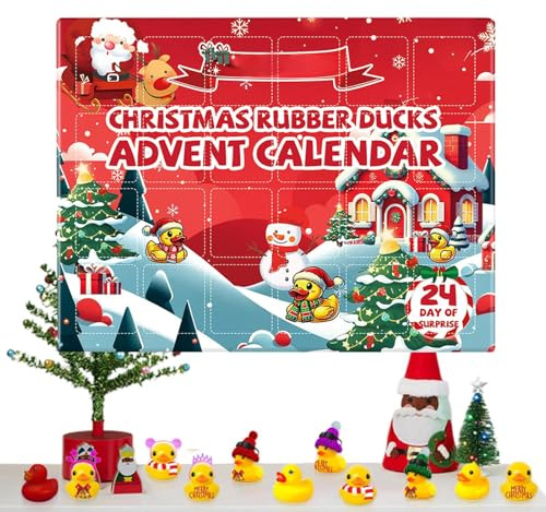 Quietscheenten Weihnachts Adventskalender 2025, 24 Tage Kinder Adventskalender mit Badeenten Spielzeug, Weihnachtskalender mit Gummi-Enten für Kinder, Schule, Zuhause und Party deko