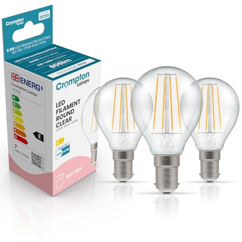 Crompton Lamps Filament Golfball LED Light Bulb SBC-B15d | 6.5W = 60W Equivalent | Warm White 2700K | Energy Efficient | Small Bayonet Lightbulb | Long Life 15,000-Hrs | Clear Glass | 3-Pack