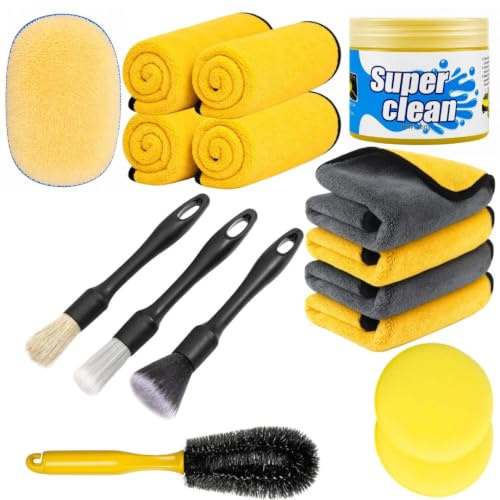 ShinetiX 16 PCS Car Cleaning Kit, 800 GSM Microfiber Towels, Car Detailing Kit with Wash Mitt, Brushes, Wax Applicators & Gel, Car Wash Kit & Car Cleaning Products
