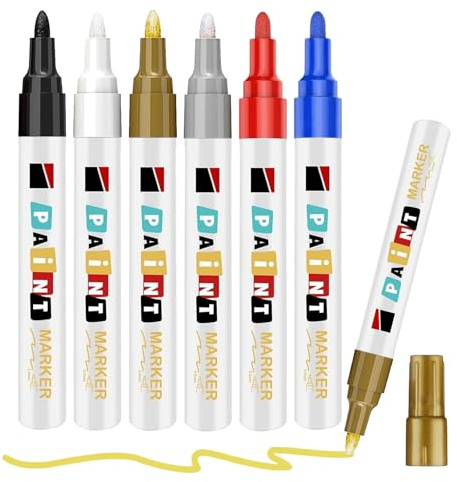 Hyleara 6 Farben Permanent Marker Lackstifte, 3,0mm Permanentmarker Wasserfeste Stifte, Lackmarker für Stein, Metall, Kunststoff, Glas, Holz, Keramik, Reifen, Schwarz, Weiß, Gold, Silber, Rot, Blau