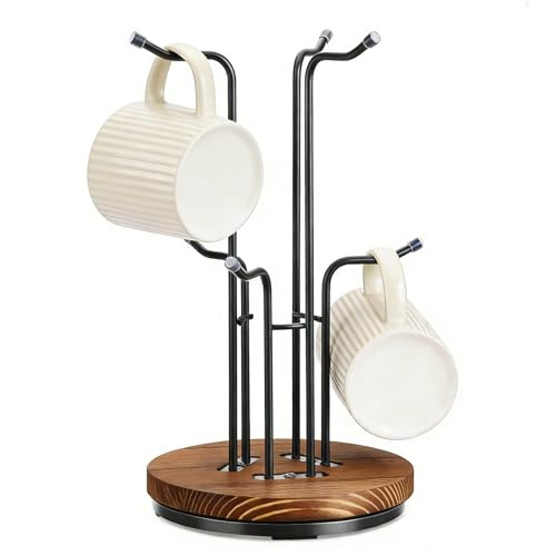 MHYMX Mug Stand Mug Tree 6 Mugs Black Cup Holder 360° Rotated Mugs Storage Rack with Stable Wooden Base Coffee Cup Hanging Stand for Kitchen Coffee Bar