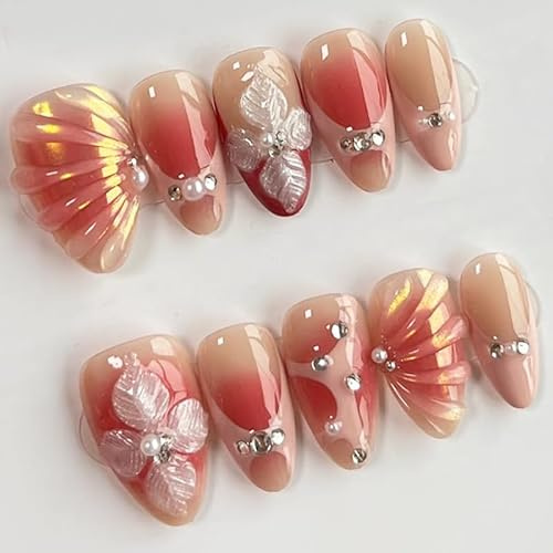 MouyouGlow 30PCS Press on Nails Kurz,Almond Rosa French 3D Blumen Floral Crystal Pearl Water Rib Design Mandel Short Fake Nails,Pink Tips Flower Strass Sweet Sommer INS Künstliche Fingernägel
