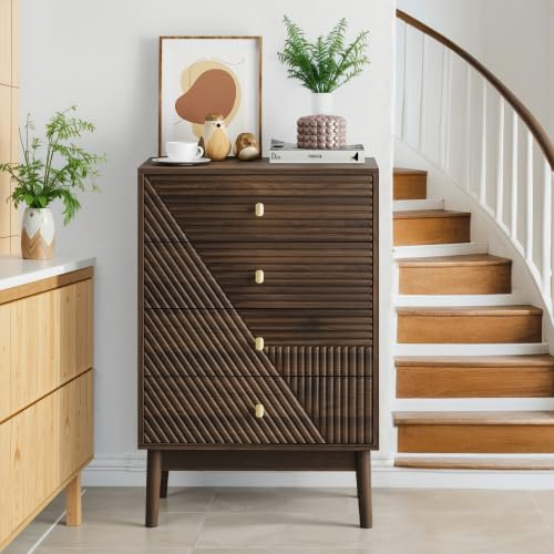 DHWDS Commode 4 Tiroirs en Noyer, Meuble de Rangement pour Chambre et Salon, 60x40x90 cm
