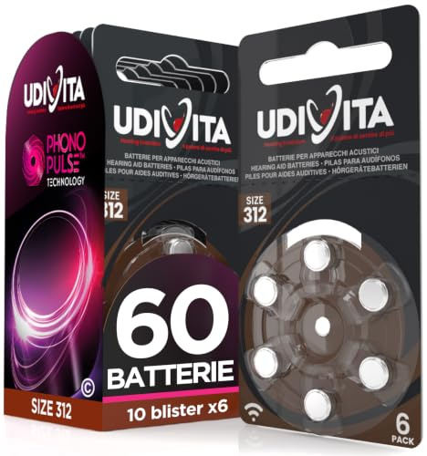 60 Pilas para Audífonos Tamaño 312 Marrones PR41 Udivita Zinc Aire Tensión Estable Larga Duración Compatibles con Todos los Dispositivos – 10 Blister de 6 Pilas