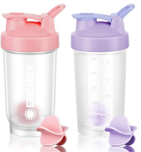 AOOWU Protein Shaker, 2 Stück Eiweiß Shaker, Proteinshaker mit 500ml Messskala, BPA Frei, Auslaufsicher, Geruchsneutraler Shake Becher mit 2 Mixball für Proteinpulver, Proteinshake(Rosa+Lila)