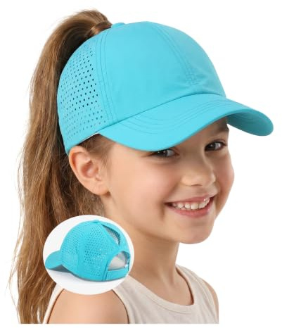 LISHIHE Mädchen Basecap Sommer mit Ponytail 5–12 Jahre, Baseballkappe Kinder Atmungsaktive Netz Schnelltrocknend, Sport Sonnenhut Kopfumfang 53–54 cm für Tennis Schule Outdoor