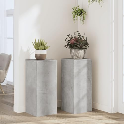 Runheo Pflanzenständer 2 Stk Betongrau Holzwerkstoff 30x30x70 cm stabiler Blumentisch für Wohnzimmer Balkon Terrasse mit Wandhalterung minimalistisches Design robuste Ablage für Pflanzentöpfe und