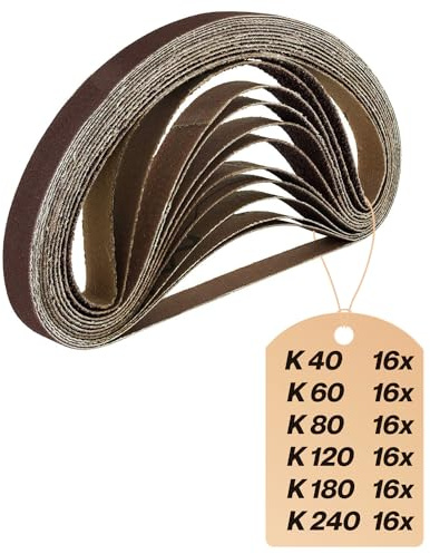 96 Stück Schleifbänder 13 x 457 mm, Schleifband Set je 16 x Korn 40/60/80/120/180/240, für Powerfeile Bandfeile Handschleifer & Stabschleifer, Schleifpapier
