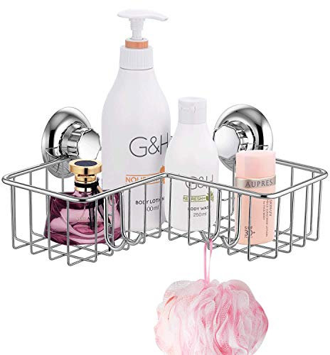 MaxHold No-Drilling/Suction Cup Deep Corner Storage Basket with 4 Hooks - Vaccum System - Stainless Steel Never Rust - for Bathroom & Kitchen