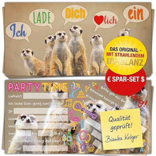 12-er Set Erdmännchen Einladungskarten mit Umschlag zum Kindergeburtstag oder Party - Einladungen für Kinder, Teenager & Erwachsene von BREITENWERK