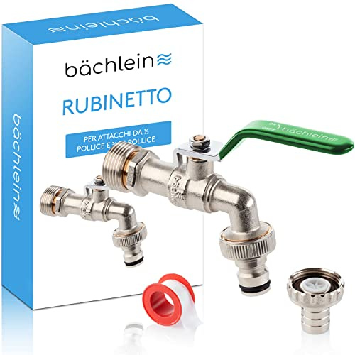 Bächlein Universal Wasserhahn für den Garten [grün] inkl. 2 Schlauchanschlüssen - edler Kugelhahn mit 1/2 Zoll Anschluss und 3/4 Zoll Adapter, Auslaufhahn aussen