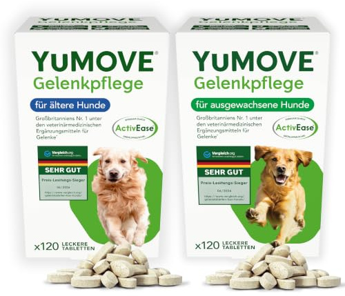 YuMOVE Gelenktabletten Hund Adult + Senior Doppelpack - Pack 120+120 Tabletten - ActivEase Grünlippmuschel Hund - Glucosamin & Chondroitin - Gelenkunterstützung Für Alle Rassen Täglich Im Alltag Fit