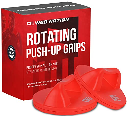 WOD Nation Rotating Push Up Bars - Rotating Push-Up Handles for Calisthenics & Strength Training - Pull Up Bar Accessory & Grip Strength Trainer - Compact Gym & Home Workout Equipment - Metal, Red