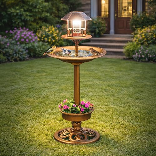 Garden Mile Extragroßes Vogelfutterhaus, 1 m, solarbetrieben, Bronze-Effekt, mit freistehendem Blumentopf, solarbetriebene Futterstation für den Außenbereich