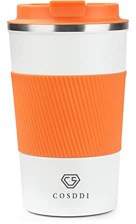 CS COSDDI resemuggar, isolerad kopp med läckagesäkert lock – återanvändbar resemugg – bilkopp – rostfritt stål mugg för varmt och kallt kaffe, vatten och te (orange vit, 380 ml)