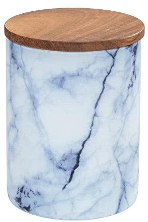 WENKO Boîte de conservation Mio, boîte à provisions en verre borosilicate à l'aspect marbré bleu/blanc avec couvercle à fermeture hermétique en bois d'acacia brun certifié FSC®, 1 L, Ø 11 x 14,5 cm