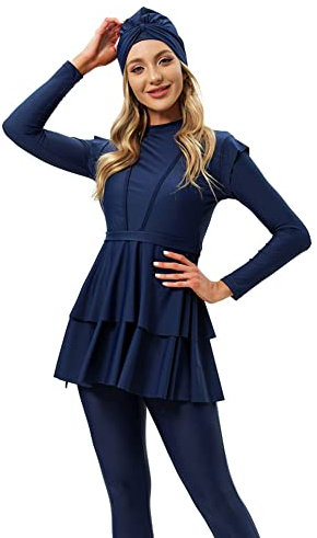 IBTOM CASTLE Burkini Damen Muslim Lang Muslimische Badeanzug fur Damen Schwimmhemd Hose Hijab 3-teiliges Set Langarm Badeanzug Bescheidene Badebekleidung Islamischer Ganzkörper-Badeanzüge Blau M