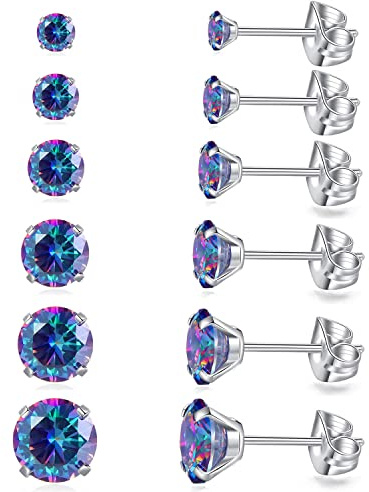 6 Pairs Stud Earrings Set, Hypoallergenic Cubic Zirconia Earrings 316L Stainless Steel CZ Earrings 3-8mm (Rainbow CZ)