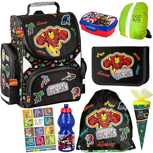 Goldkids 8er Set Avengers Marvel Schulranzen ergonomischer Ranzen Federmappe Turnbeutel Trinkflasche Brotdose Aufgabenheft für die Grundschule. Geeignet ab der ersten Klasse der Grundschule.