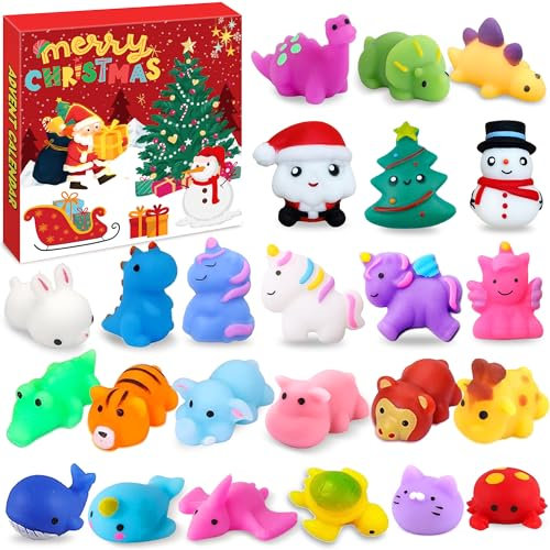 Chennyfun Advent Calendar 2024, 24 PCS Christmas Snowman Mochi Squishy Advent Calendar, Including Animals Santa Unicorn 24 Days Countdown Calendar, Reusable, Cute as Christmas for Girls and Boys Gift