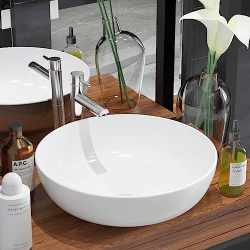 HIGSOSE Lavandino Tondo in Ceramica Bianca 41,5x13,5 cm Lavabo da Appoggio Lavatoio Ceramica Lavandino Bagno Arredo Bagno Lavandino da Appoggio Lavabo Bagno da Appoggio Lavabo Appoggio