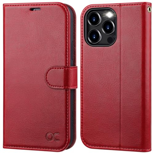 OCASE Kompatibel für iPhone 15 Pro Max Hülle Handyhülle [Premium PU Leder] [Kartenfach] [Standfunktion] RFID Schutzhülle Klapphülle Handytasche Lederhülle Rot