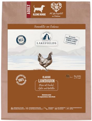 Lakefields Classic Hundefutter trocken | Huhn 60% | 4 x 1kg | Getreidefreies Trockenfutter für kleine ausgewachsene Hunde | Fenchel, Äpfeln und Kartoffeln | Extra kleine Kroketten | Schonend gebacken