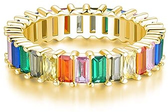 18K Funkelnder Rainbow Baguette Ring aus 925 Sterling Silber mit Bunten Regenbogen Steinen - Damen Ringe Eternity Ewigkeit Schmuck in Juwelierqualität