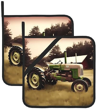 Topflappen mit altem Traktor, Foto-Farm-Druck, 2 Stück, hitzebeständig, Topflappen für Mikrowelle, Kochen, Backen, Ofen, BBQ