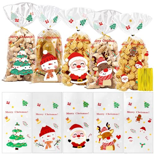 Coicok 100 Pièces Sachet Biscuit Noel Plastique Transparent Sachet Bonbon Noël Sacs de Cadeau Emballage Alimentaire Cellophane avec Cravate Torsadées pour Gateau Confiserie Chocola