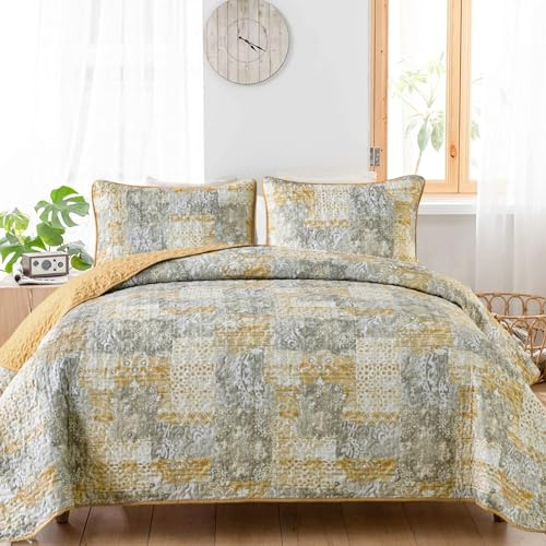 Mybedsoul Juego de Colcha con diseño de Retazos, tamaño King, 3 Piezas, diseño Bohemio con Cuadros y Flores, Reversible, Microfibra para Todo el año, 229 x 264 cm, Gris y Amarillo