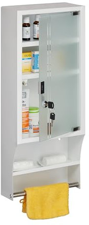 Relaxdays Medizinschrank, Glastür, abschließbar, 4 Fächer, HBT 65x27x12 cm, für Medikamente, Arzneischrank hängend, weiß