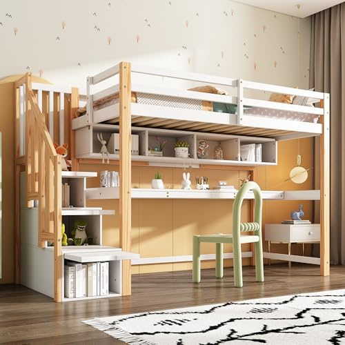 Merax Lit Mezzanine 90 x 200 cm, avec Grand Bureau et Escaliers de Rangement, Lit Enfant avec Étagères de Stockage, pour Garçon et Fille, Blanc et Bois (sans Matelas)