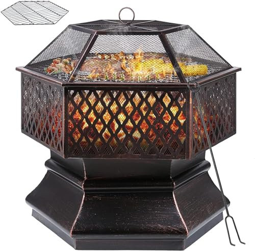 TLSUNNY Braciere da Esterno, Braciere da Giardino con Griglia, Fire Pit con Rete Protettiva, Griglia a Carbone e Attizzatoio, 71 x 71 x 63 cm, per Terrazza da Campeggio, Campeggio Riscaldamento