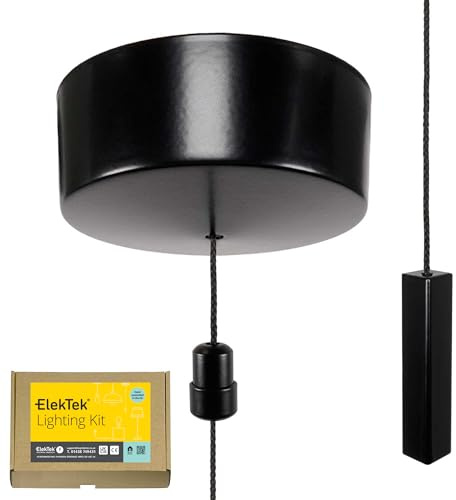 ElekTek UK Safety Approved Satin Black Bathroom Light Pull Switch Kit Black Square Bar & Cord/String, EN 60669-1 & CE Mark, Metal Cap, Earth Terminal, 6A 250V, 1 or 2 Way use, Full Wiring Instructions