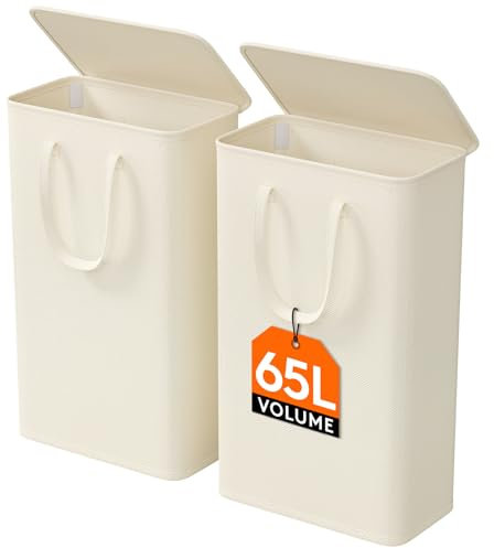 Lifewit 65L Slim Laundry Basket with Lid, Small Washing Basket, Narrow Foldable Laundry Bag with Handles, Thin Laundry Hamper Bin Storage for Bedroom Accessories, White, 2 Packs