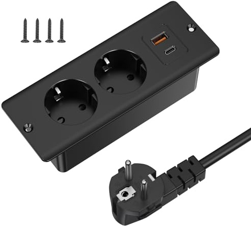 Tischplatte Versenkbare Steckdose mit 1 USB und 1 Type-C, Einbausteckdose Steckdosenleiste mit 2m Kabel, Tischsteckdose für Tischplatte oder Arbeitsflächen - Schwarz