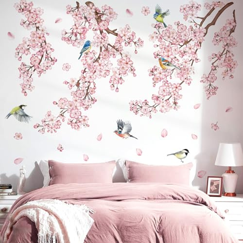 decalmile Stor körsbärsblomstransgren väggdekaler rosa blomma vinstockar fåglar väggklistermärken flickor sovrum vardagsrum barnkammare väggdekor