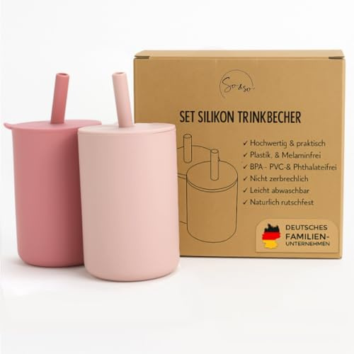 So&So Silikon Trinklernbecher 2er-Set mit Deckel und Trinkhalm, Blw, Trinkbecher Baby, Trinklernbecher ab 6 Monate, Beikost Baby Zubehör, Trinkbecher Kinder