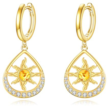 VONALA 14K förgyllda solörhängen sterlingsilver däck huggies örhängen bärnsten smycken för kvinnor födelsedag, Sterlingsilver, Bärnsten