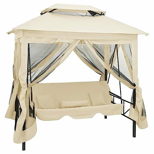 Gecheer Gazebo Convertibile Panchina a Dondolo Bianco Crema,Gazebo da Esterno,Parasole,Gazebo Pergola con Telo,Padiglione da Giardino,Tenda per Feste,Gazebo per Barbecue,A43239