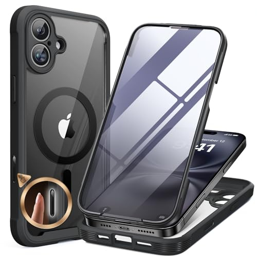 Miracase for iPhone 16 Case 6.1'', Full-Body Bumper Phone case with Built-in Full Glass Screen &Camera Control,No Gap,Compatible with MagSafe,Drop Proof 16 Cover,Black
