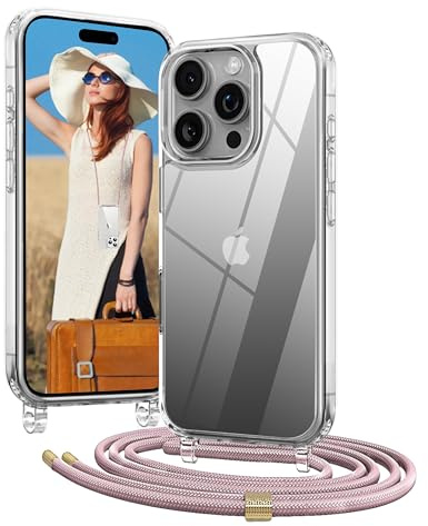 OLEPHY Handykette für iPhone 16 Pro Hülle mit Band, Roségold | Necklace Handyhülle, Transparente Schutzhülle zum Umhängen [Verstellbarem und Demontage Umhängeband],