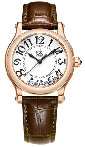 SHENGKE Casual Fashion Damenuhr leicht ablesbares Zifferblatt 12-Stunden-Anzeige rundes Gehäuse analoge Armbanduhr weiches und atmungsaktives Lederarmband