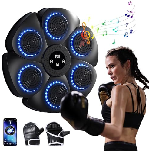 Boxmaschine mit Musik, 2024 Neue elektronisches Boxgerät, Wandmontierte Boxmaschine, Bluetooth Music Elektronischer Boxer, 9 Geschwindigkeitsmodi und Zählmodus (Schwarz+Mit Handschuhen)